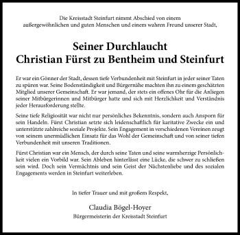 Anzeige von Christian Fürst zu Bentheim und Steinfur 