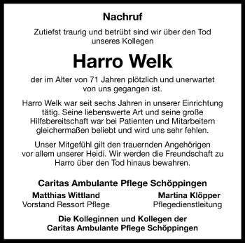 Anzeige von Harro Welk 