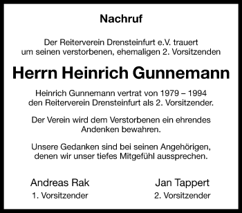 Anzeige von Heinrich Gunnemann 