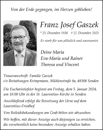 Anzeige von Franz Josef Gaszek 