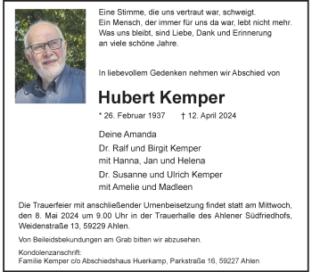 Anzeige von Hubert Kemper 
