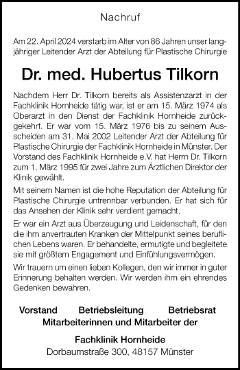 Anzeige von Dr. med. Hubertus Tilkorn 