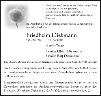 Anzeige von Friedhelm Diekmann 