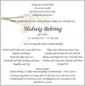Anzeige von Hedwig Behring 