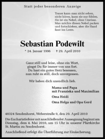 Anzeige von Sebastian Podewilt von Westfälische Nachrichten