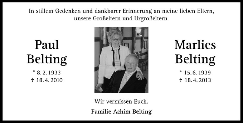  Traueranzeige für Paul Belting vom 18.04.2014 aus Westfälische Nachrichten