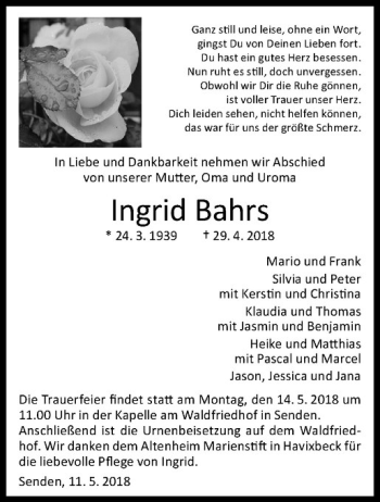 Anzeige von Ingrid Bahrs von Westfälische Nachrichten