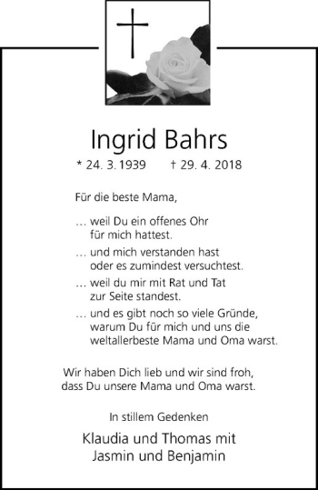 Anzeige von Ingrid Bahrs von Westfälische Nachrichten