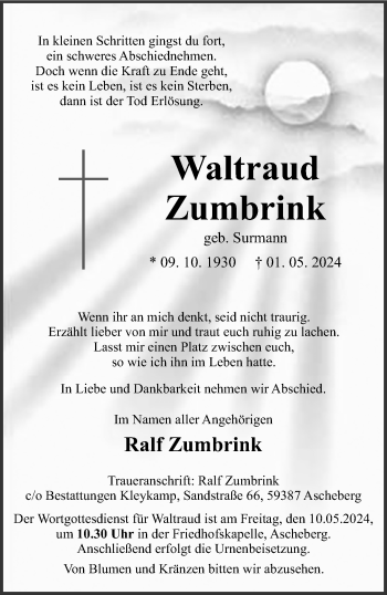 Anzeige von Waltraud Zumbrink 
